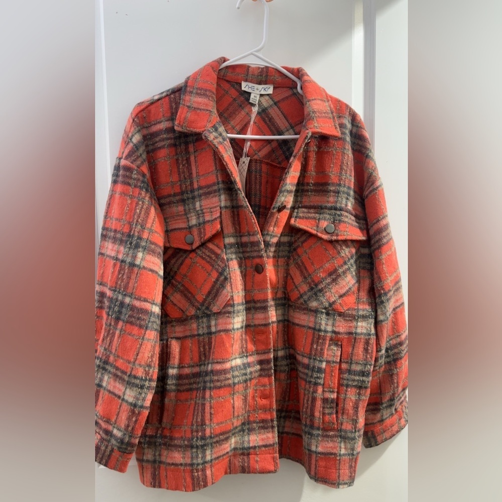 NEW She and Sky Button Up Top Jacket Orange Plaid Heavy Size Medium NWT - Picture 2 of 6